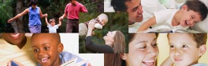 a collage of five photos showing parents interacting with their children