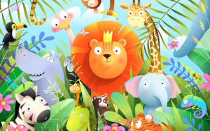 Jungle animals for children with lion king in tropical forest and his baby animal friends. Wild jungle safari or zoo cartoon for Kids and children. Vector cartoon illustration in watercolor style.